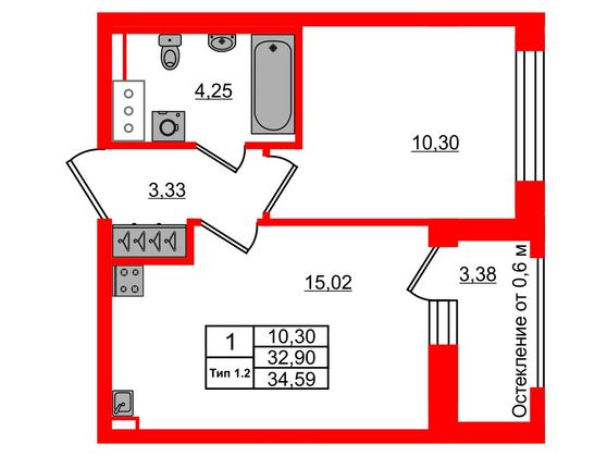 1-комнатная квартира, 32.9 м²; этаж: 7 - купить в Санкт-Петербурге