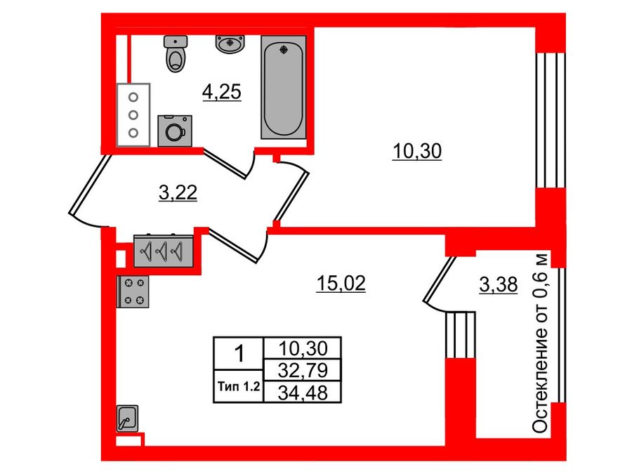 1-комнатная квартира, 32.79 м²; этаж: 7 - купить в Санкт-Петербурге