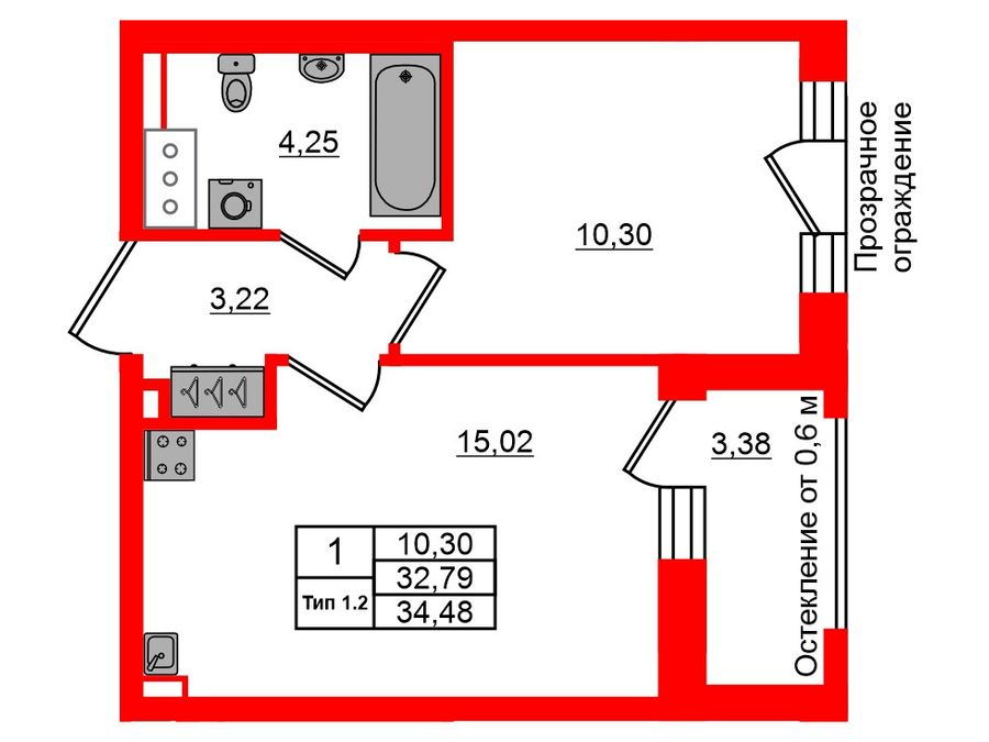 1-комнатная квартира, 32.79 м²; этаж: 12 - купить в Санкт-Петербурге