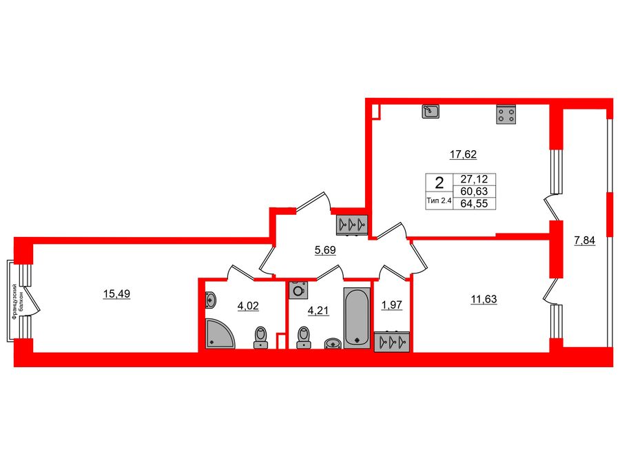 2-комнатная квартира, 60.63 м²; этаж: 2 - купить в Санкт-Петербурге