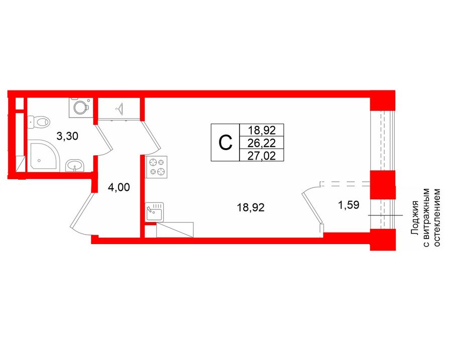 1-комнатная квартира, 26.22 м²; этаж: 3 - купить в Санкт-Петербурге