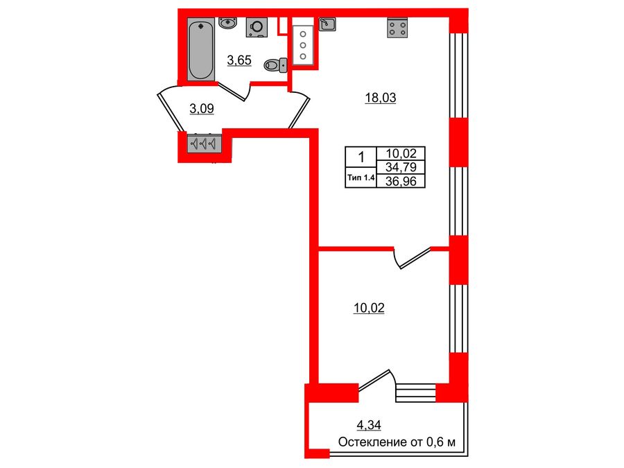 1-комнатная квартира, 34.79 м²; этаж: 2 - купить в Санкт-Петербурге