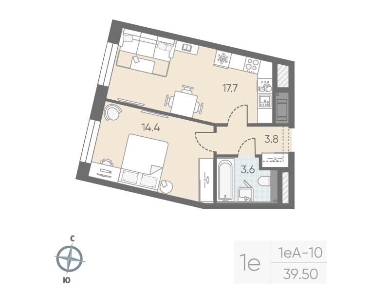 1-комнатная квартира, 39.5 м²; этаж: 4 - купить в Санкт-Петербурге