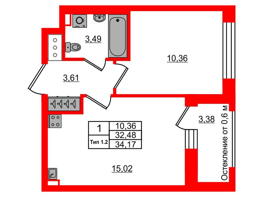 1-комнатная квартира, 32.48 м²; этаж: 11 - купить в Санкт-Петербурге