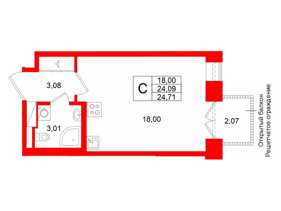 1-комнатная квартира, 24.9 м²; этаж: 3 - купить в Санкт-Петербурге