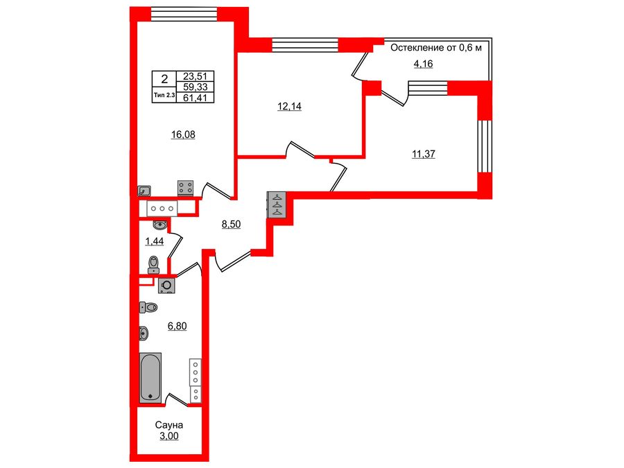 2-комнатная квартира, 59.33 м²; этаж: 9 - купить в Санкт-Петербурге