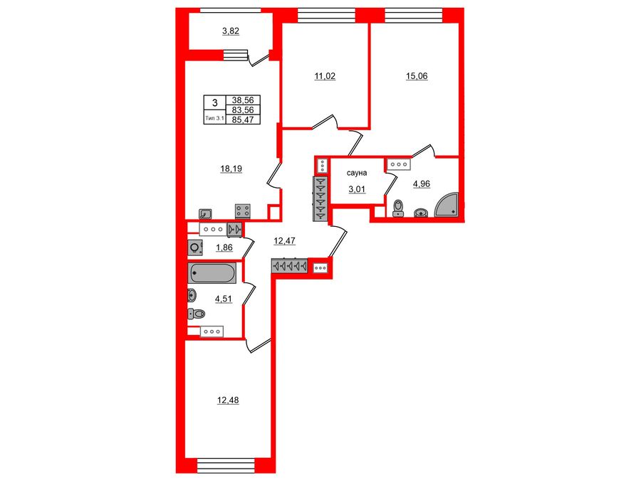 3-комнатная квартира, 83.56 м²; этаж: 7 - купить в Санкт-Петербурге