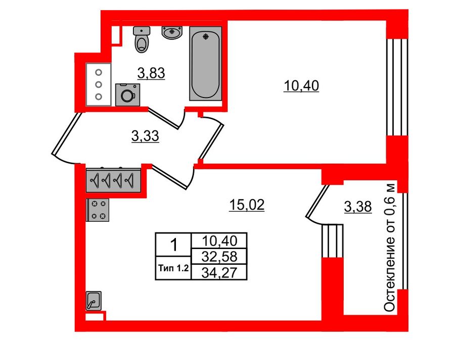 1-комнатная квартира, 32.58 м²; этаж: 10 - купить в Санкт-Петербурге
