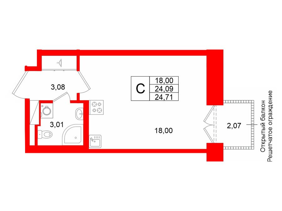 1-комнатная квартира, 24.9 м²; этаж: 7 - купить в Санкт-Петербурге