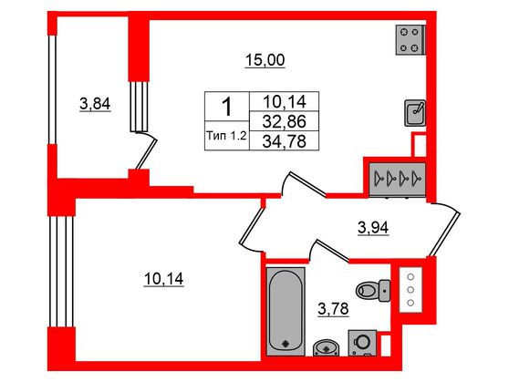 1-комнатная квартира, 32.86 м²; этаж: 2 - купить в Санкт-Петербурге