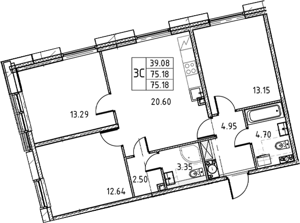3-комнатная квартира, 75.18 м²; этаж: 7 - купить в Санкт-Петербурге
