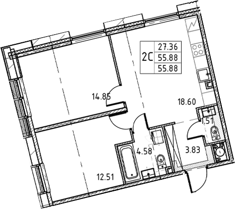2-комнатная квартира, 55.88 м²; этаж: 6 - купить в Санкт-Петербурге