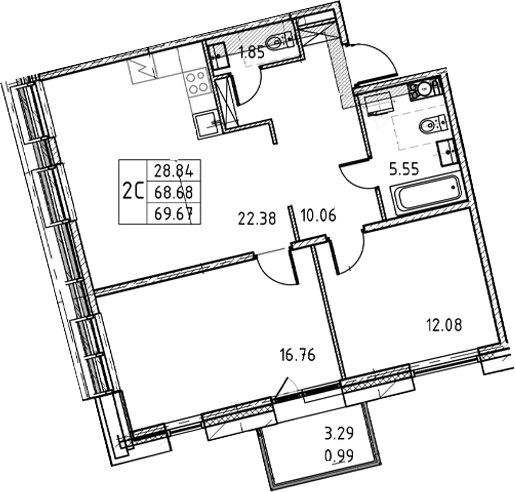 2-комнатная квартира, 69.67 м²; этаж: 4 - купить в Санкт-Петербурге