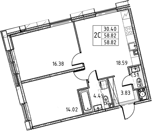 2-комнатная квартира, 58.82 м²; этаж: 5 - купить в Санкт-Петербурге