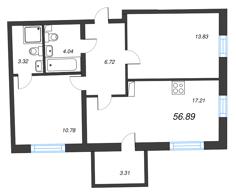 2-комнатная квартира, 56.89 м²; этаж: 4 - купить в Санкт-Петербурге
