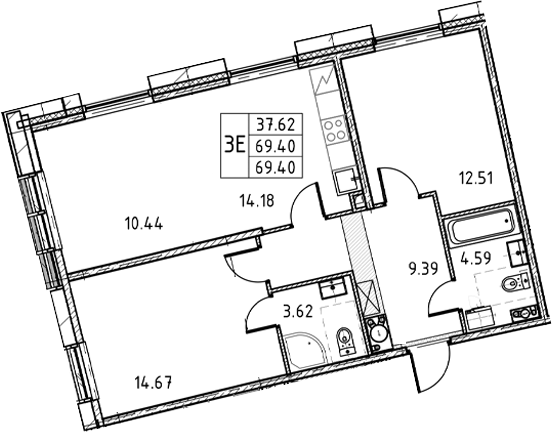 2-комнатная квартира, 69.4 м²; этаж: 9 - купить в Санкт-Петербурге