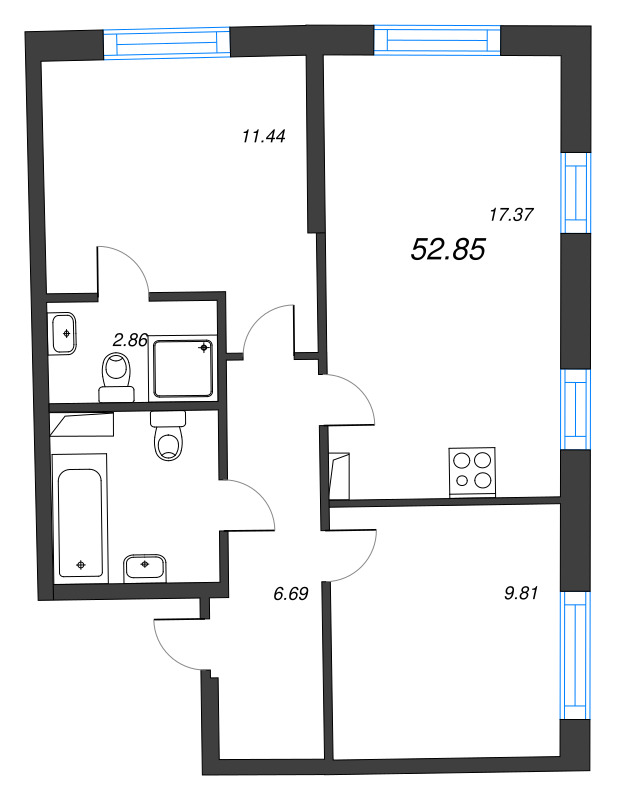 2-комнатная квартира, 52.85 м²; этаж: 3 - купить в Санкт-Петербурге