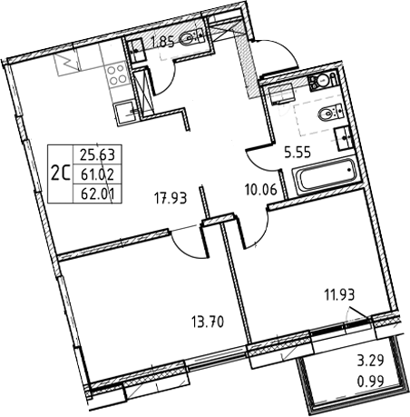 2-комнатная квартира, 62.01 м²; этаж: 6 - купить в Санкт-Петербурге