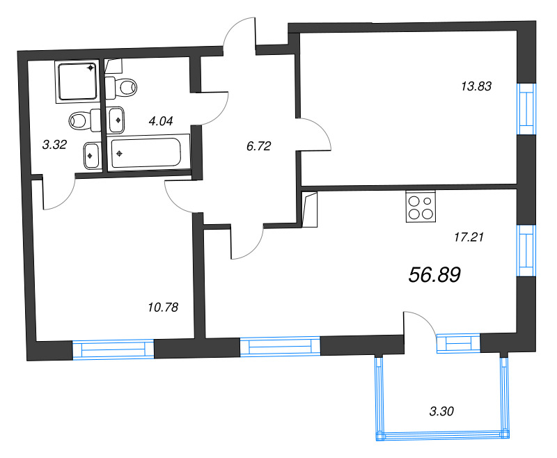 2-комнатная квартира, 56.89 м²; этаж: 6 - купить в Санкт-Петербурге