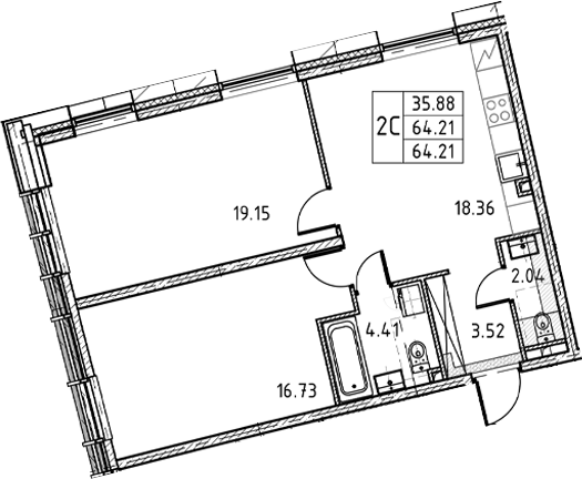 2-комнатная квартира, 64.21 м²; этаж: 3 - купить в Санкт-Петербурге