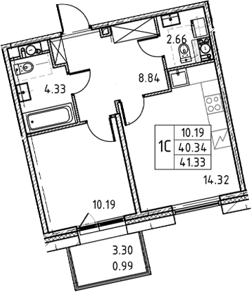 1-комнатная квартира, 41.33 м²; этаж: 7 - купить в Санкт-Петербурге