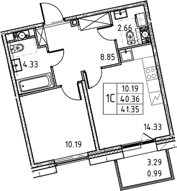 1-комнатная квартира, 41.35 м²; этаж: 4 - купить в Санкт-Петербурге