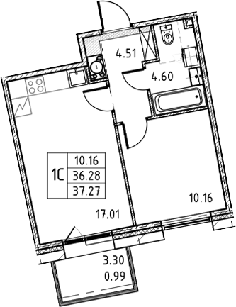 1-комнатная квартира, 37.27 м²; этаж: 15 - купить в Санкт-Петербурге
