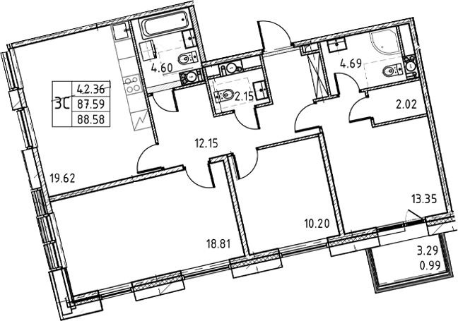 3-комнатная квартира, 88.58 м²; этаж: 11 - купить в Санкт-Петербурге