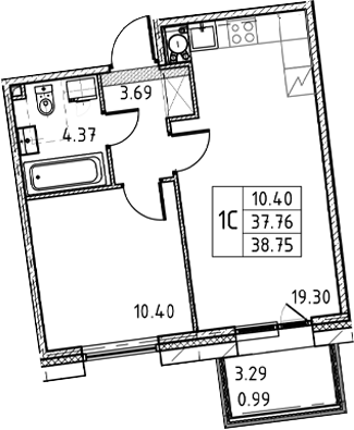 1-комнатная квартира, 38.75 м²; этаж: 9 - купить в Санкт-Петербурге
