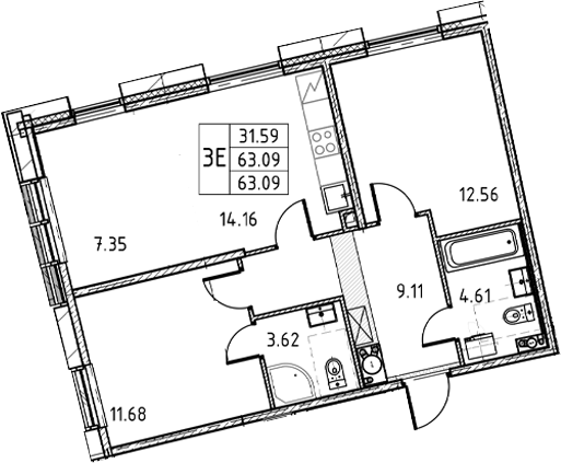 2-комнатная квартира, 63.09 м²; этаж: 11 - купить в Санкт-Петербурге