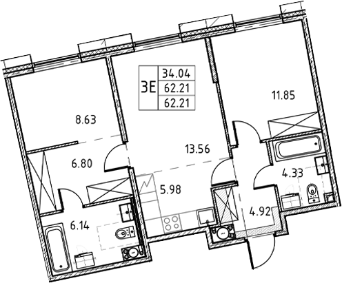 2-комнатная квартира, 62.21 м²; этаж: 9 - купить в Санкт-Петербурге