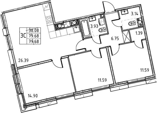 3-комнатная квартира, 79.68 м²; этаж: 13 - купить в Санкт-Петербурге