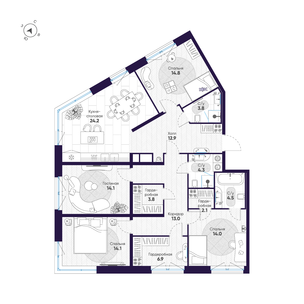 4-комнатная квартира №47 в: ЛДМ: 132.5 м²; этаж: 8 - купить в Санкт-Петербурге