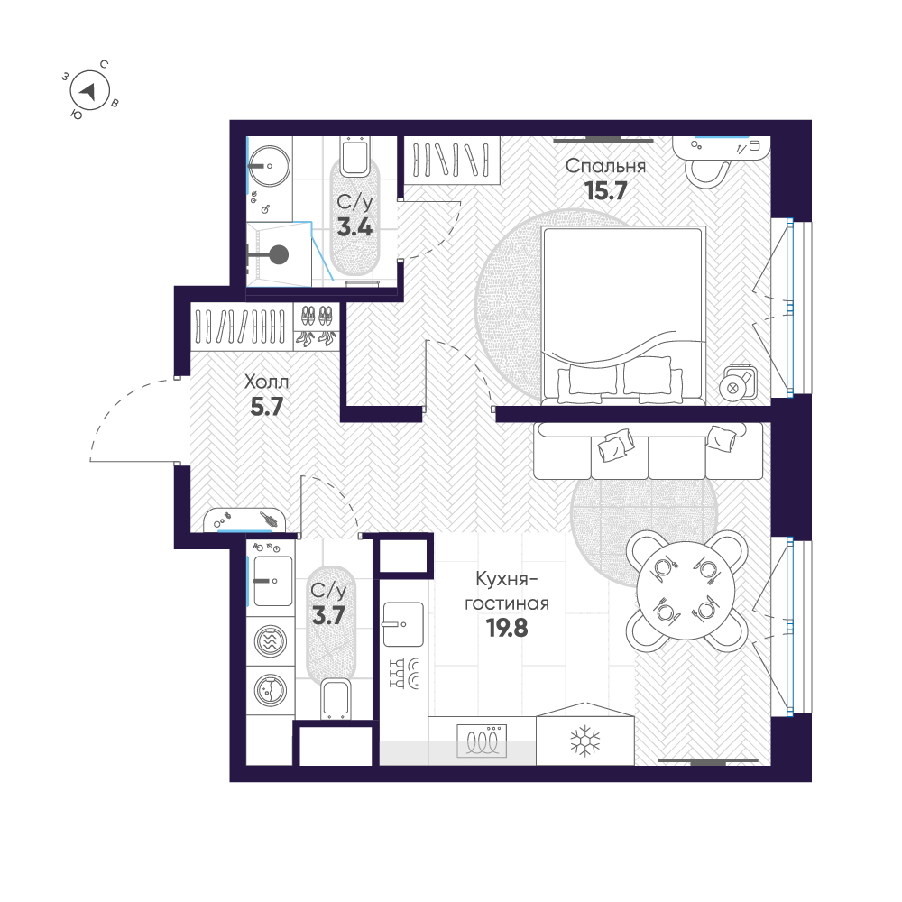 1-комнатная квартира №47 в: ЛДМ: 48.3 м²; этаж: 6 - купить в Санкт-Петербурге