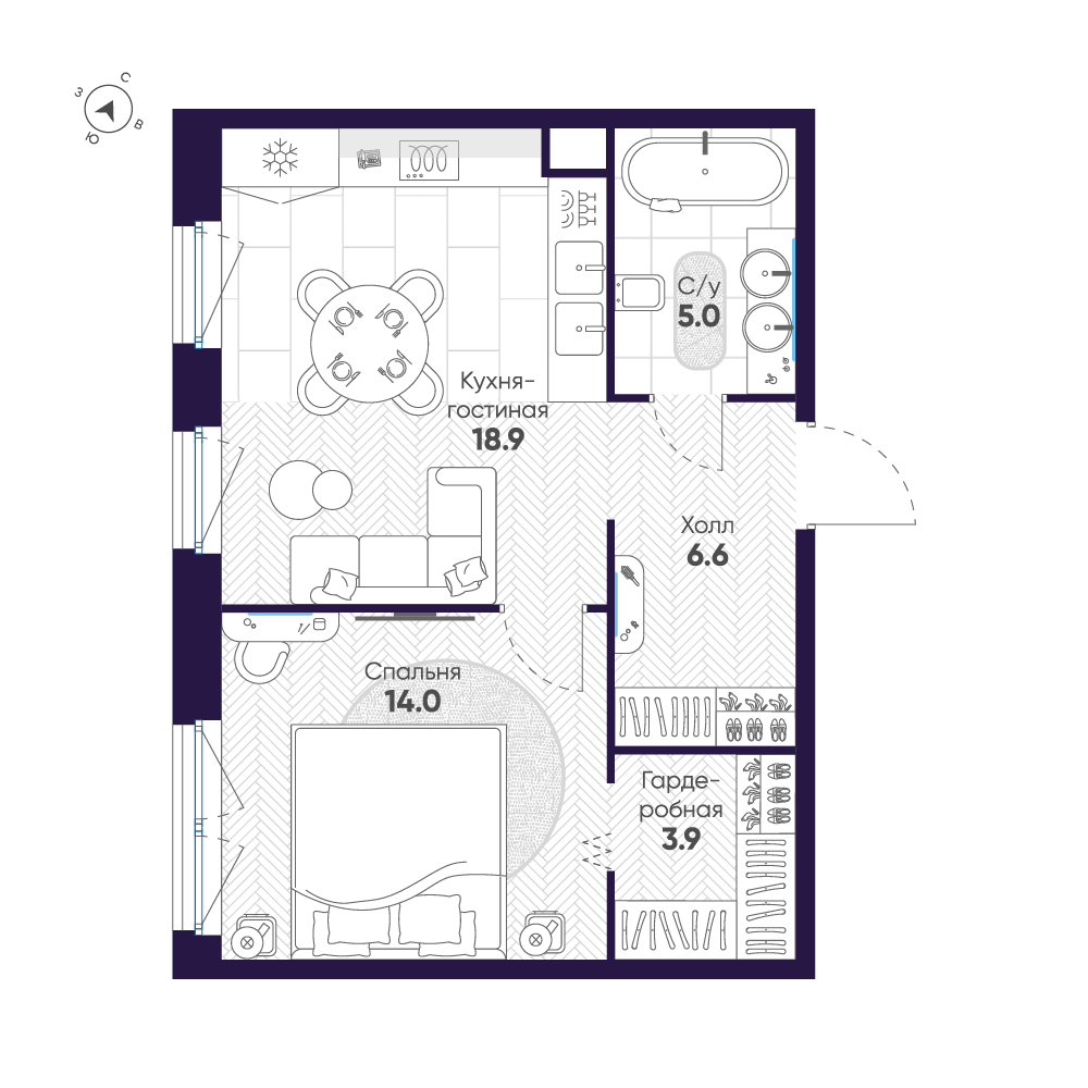 1-комнатная квартира, 48.4 м²; этаж: 6 - купить в Санкт-Петербурге