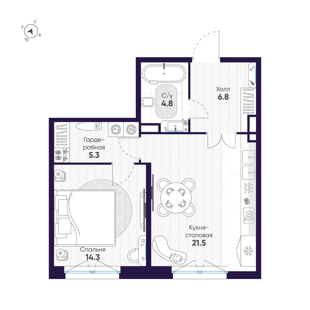 1-комнатная квартира, 52.7 м²; этаж: 4 - купить в Санкт-Петербурге