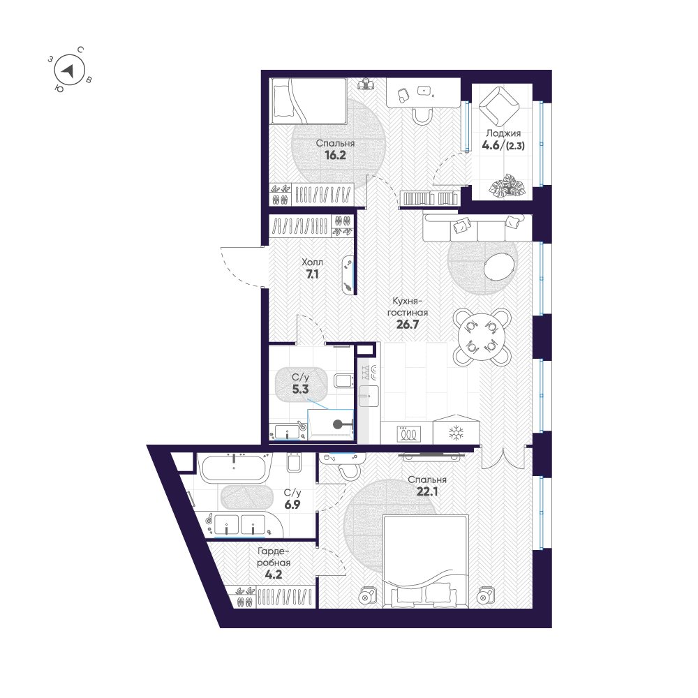 2-комнатная квартира, 90.8 м²; этаж: 3 - купить в Санкт-Петербурге