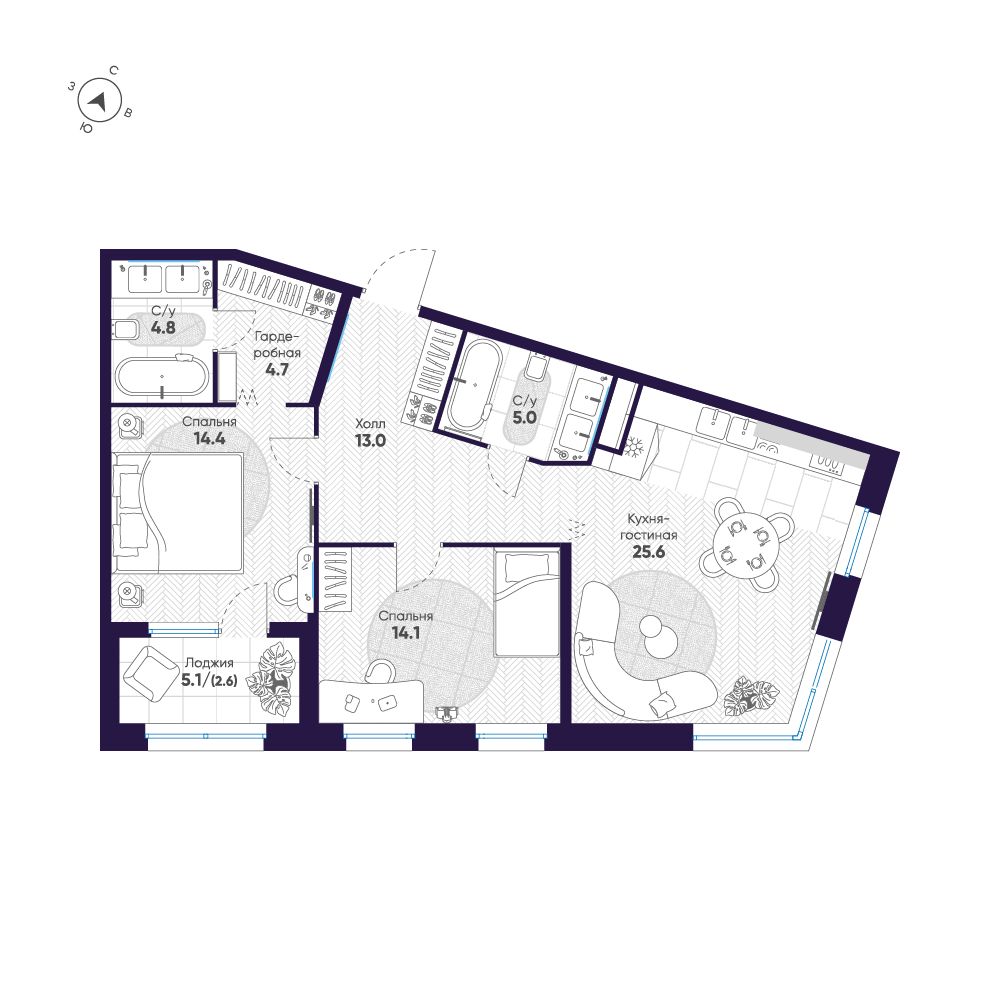 2-комнатная квартира, 84.2 м²; этаж: 7 - купить в Санкт-Петербурге