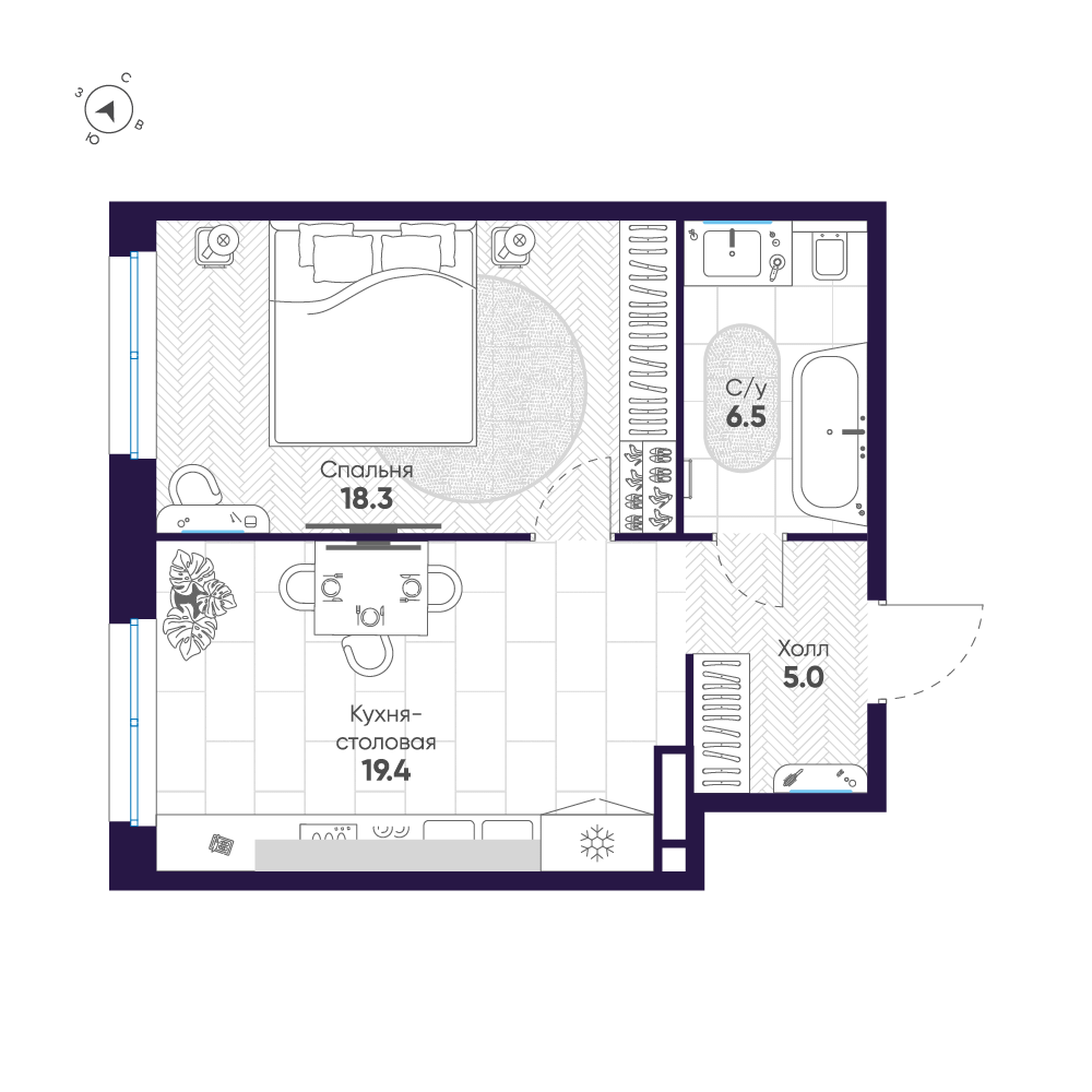 1-комнатная квартира  №29 в ЛДМ: 49.2 м², этаж 7 - купить в Санкт-Петербурге