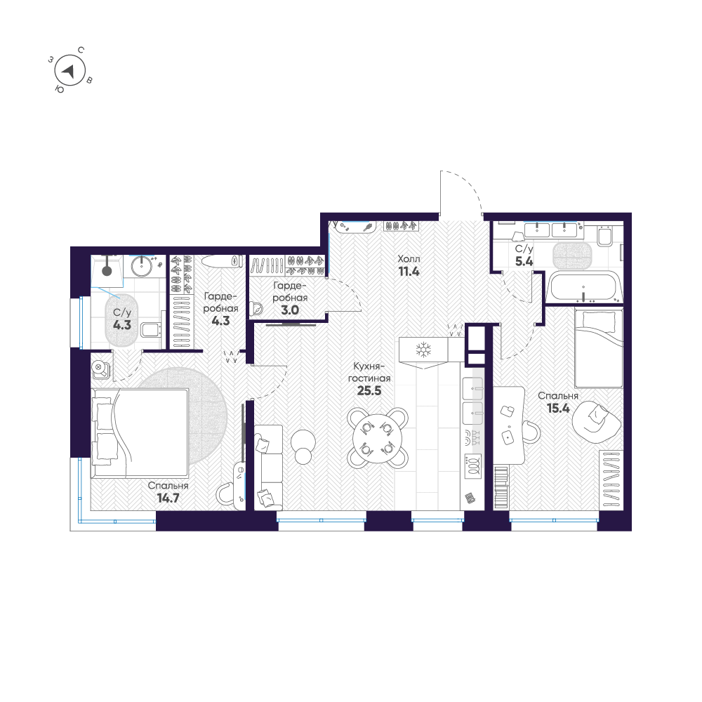 2-комнатная квартира  №28 в ЛДМ: 84 м², этаж 7 - купить в Санкт-Петербурге