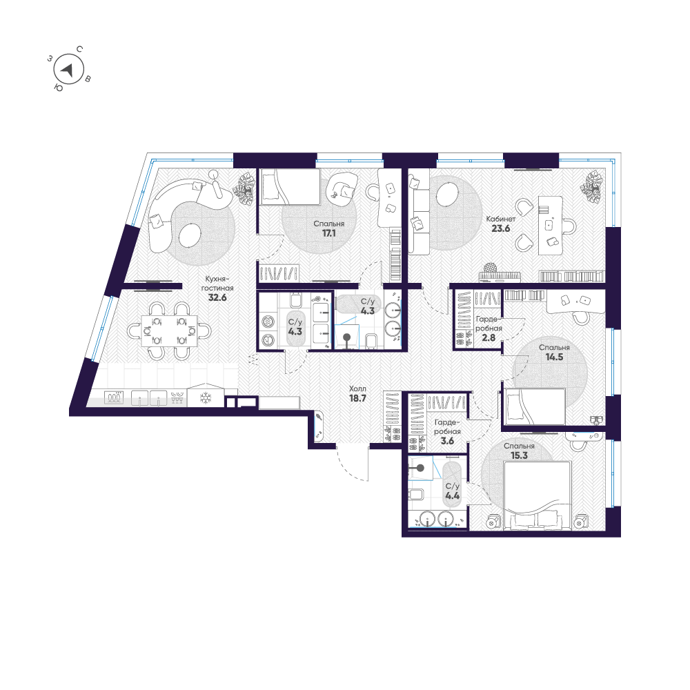 4-комнатная квартира №47 в: ЛДМ: 141.2 м²; этаж: 3 - купить в Санкт-Петербурге
