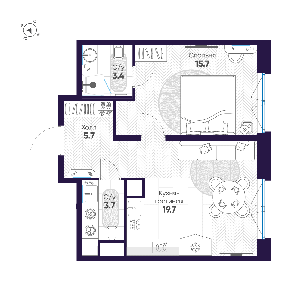 1-комнатная квартира №47 в: ЛДМ: 48.2 м²; этаж: 8 - купить в Санкт-Петербурге