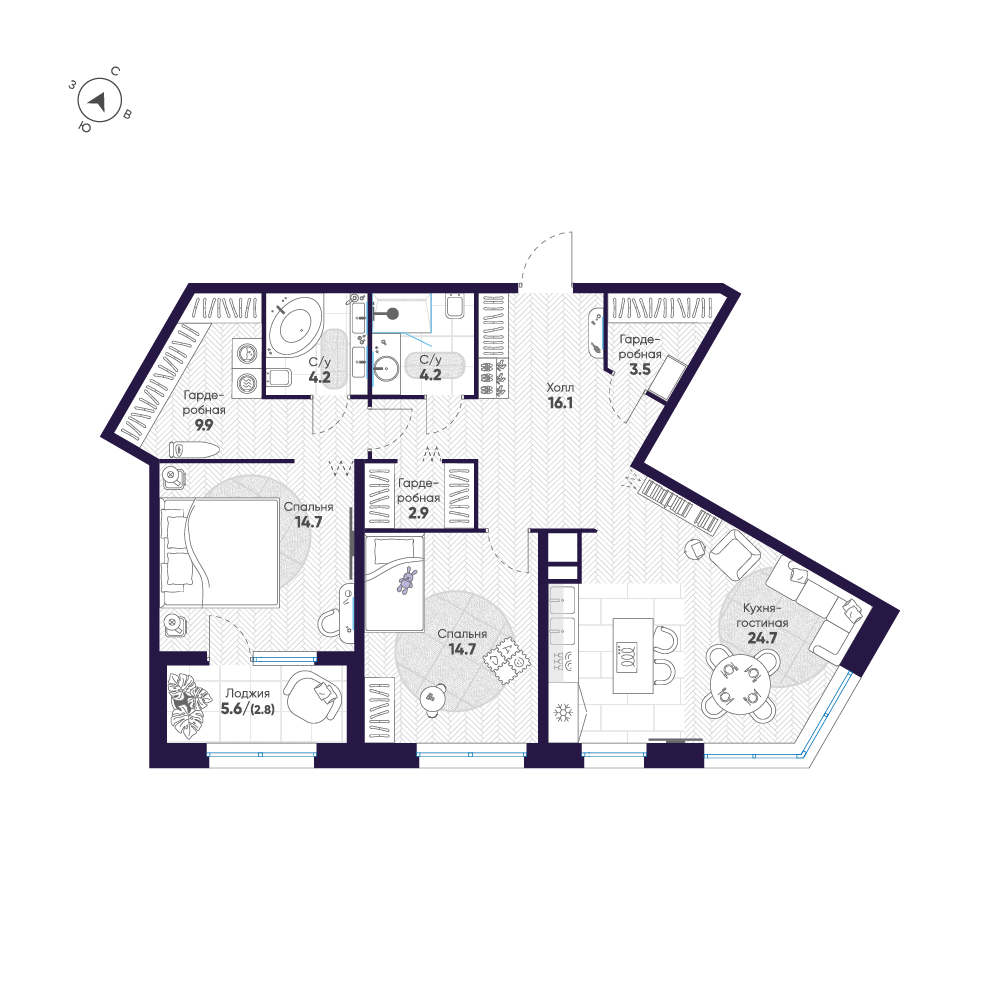 2-комнатная квартира, 97.7 м²; этаж: 8 - купить в Санкт-Петербурге
