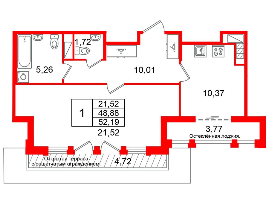 1-комнатная квартира, 48.88 м²; этаж: 8 - купить в Санкт-Петербурге