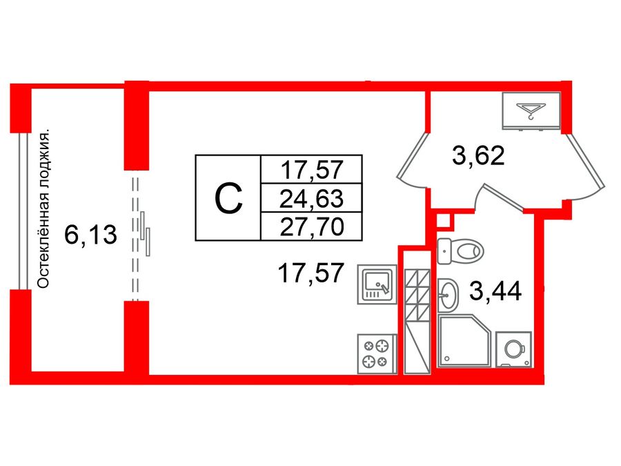 1-комнатная квартира, 24.63 м²; этаж: 8 - купить в Санкт-Петербурге