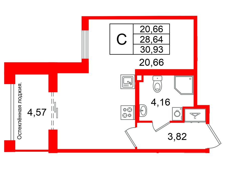 1-комнатная квартира, 28.64 м²; этаж: 2 - купить в Санкт-Петербурге