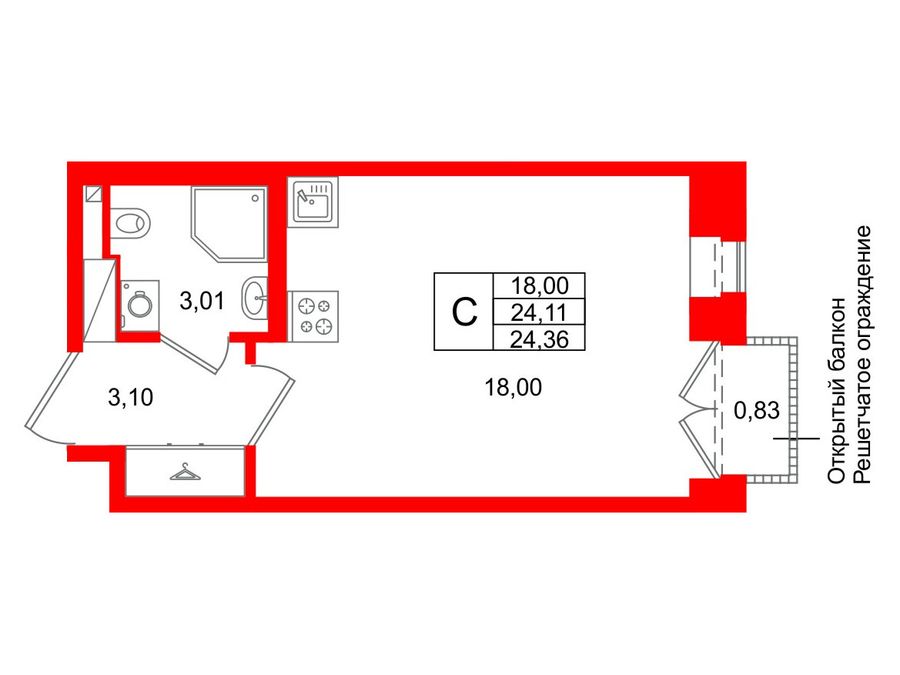 1-комнатная квартира, 24.11 м²; этаж: 4 - купить в Санкт-Петербурге