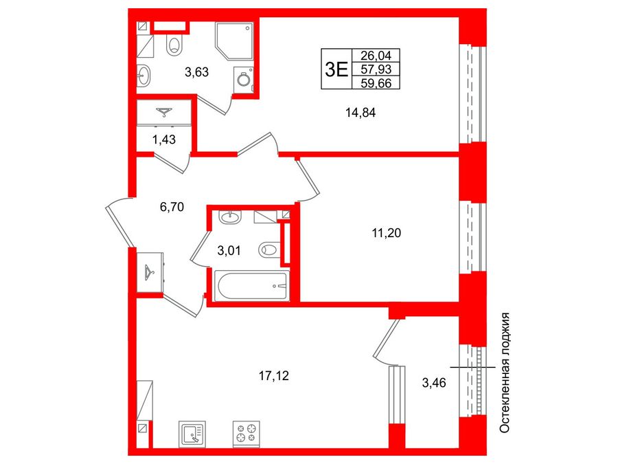 2-комнатная квартира, 57.93 м²; этаж: 6 - купить в Санкт-Петербурге