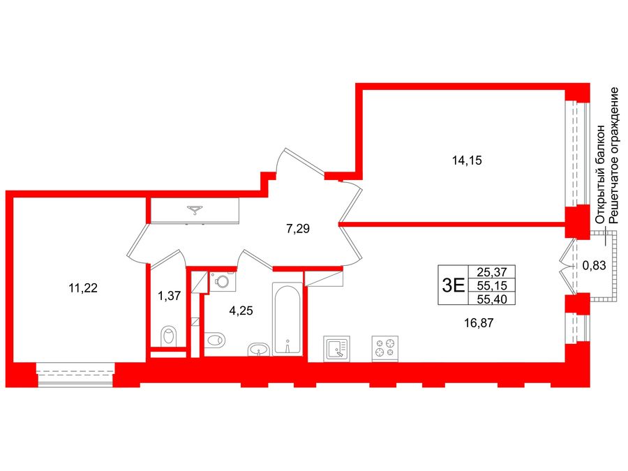 2-комнатная квартира, 55.15 м²; этаж: 7 - купить в Санкт-Петербурге