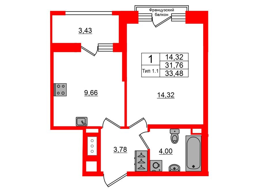 1-комнатная квартира, 31.76 м²; этаж: 11 - купить в Санкт-Петербурге